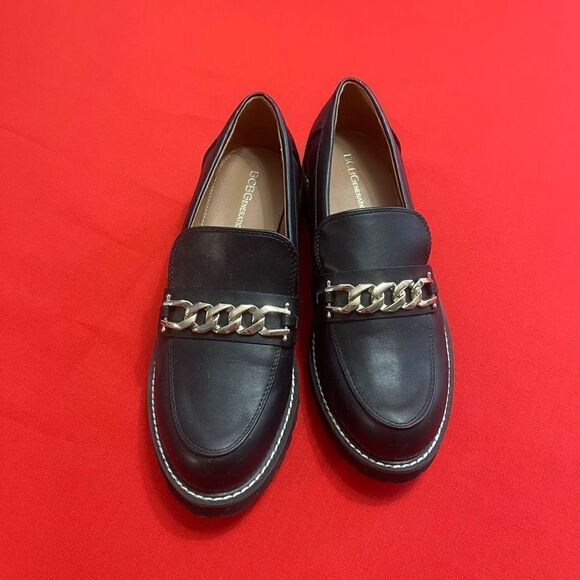BCBG Tinaa Black Gold Chain Y2K Chunky Loafers Size 9 New - Picture 2 of 11